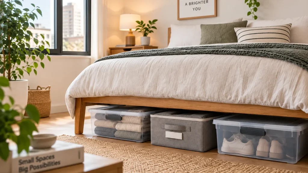 Under-bed storage containers in an organized small apartment bedroom