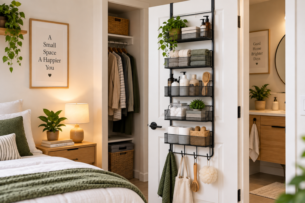 Over-the-door storage organizer in a small renter-friendly apartment