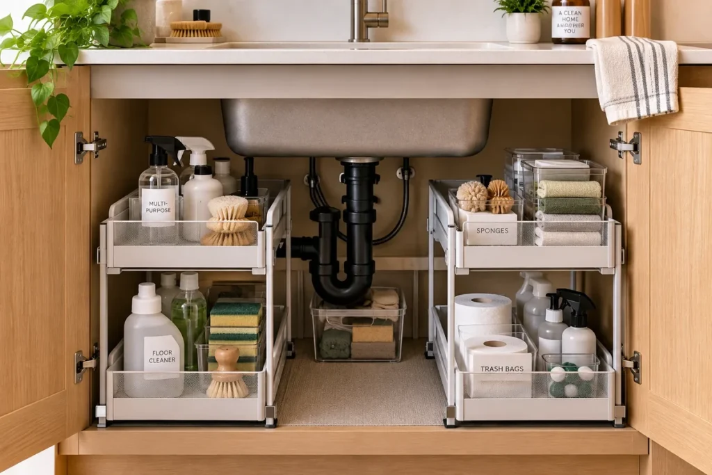 Pull-out under-sink storage organizers arranged around plumbing in a small apartment