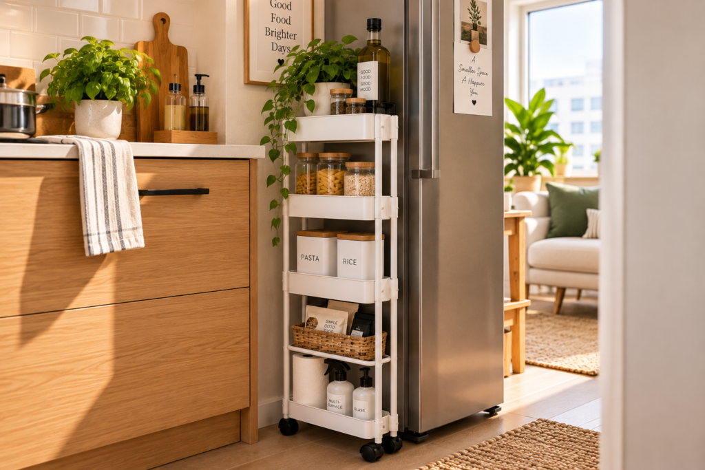 Slim rolling storage cart in a narrow kitchen gap in a small apartment